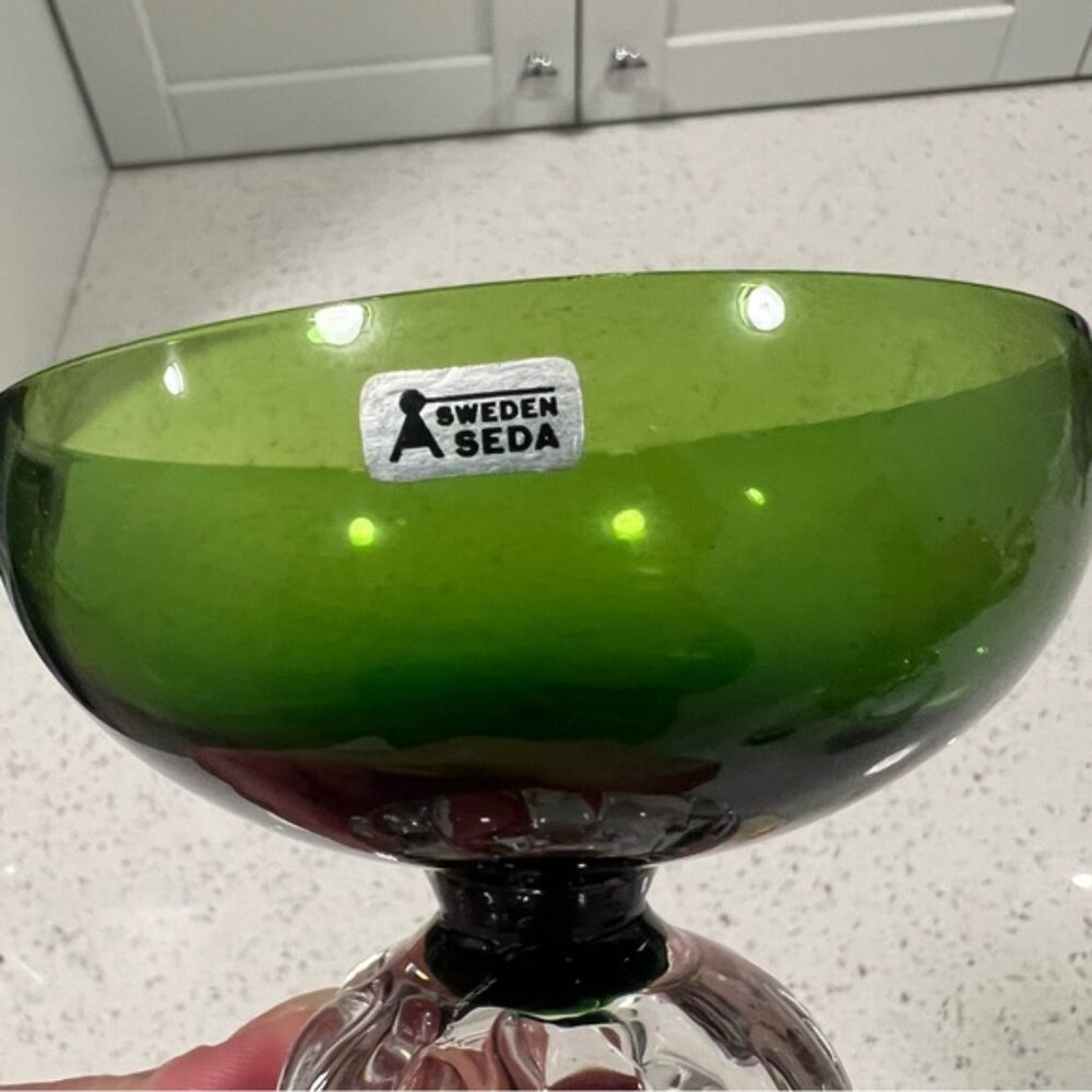 1960s ASEDA SWEDEN Green Glass Sherbet Dessert Footed Dish Mid Century Crystal - Picture 6 of 8